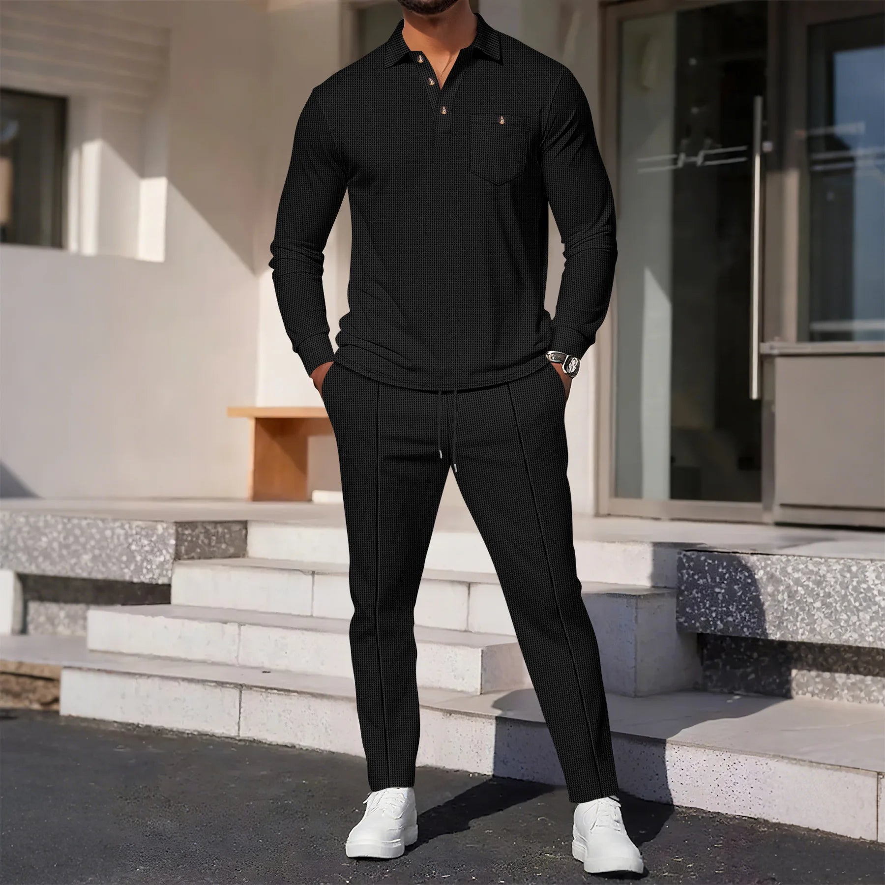 Men's Waffle Knit Long Sleeve Polo Shirt Tracksuit Button Detail Casual Two-Piece Comfortable Daily Wear Sports Outfit