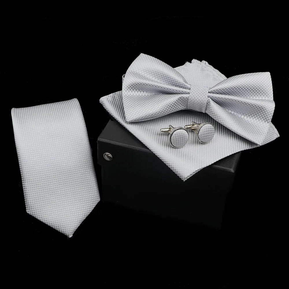 Solid Color Polyester Tie Bowtie Handkerchief Cufflinks Set Men Fashion Butterfly Wedding Necktie Without Box Novelty Ties Gift