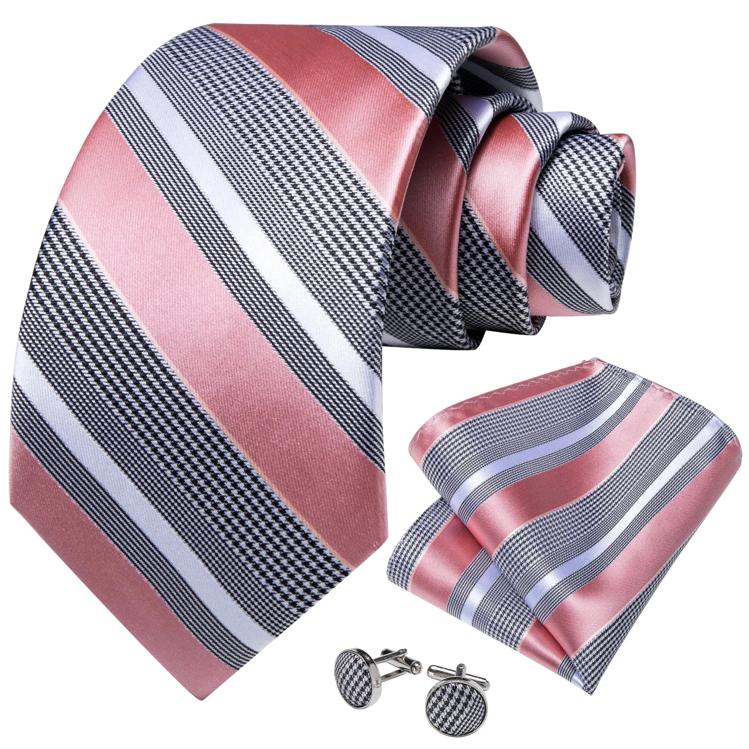 Pink blue Striped Men's Ties Business Wedding Neck Tie Pocket Square Cufflinks Tie Ring Men's Gift Gravata DiBanGu