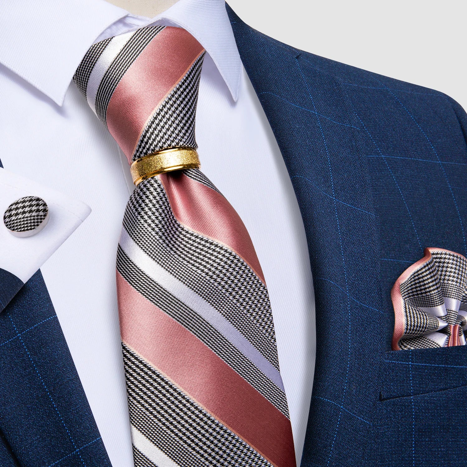 Pink blue Striped Men's Ties Business Wedding Neck Tie Pocket Square Cufflinks Tie Ring Men's Gift Gravata DiBanGu