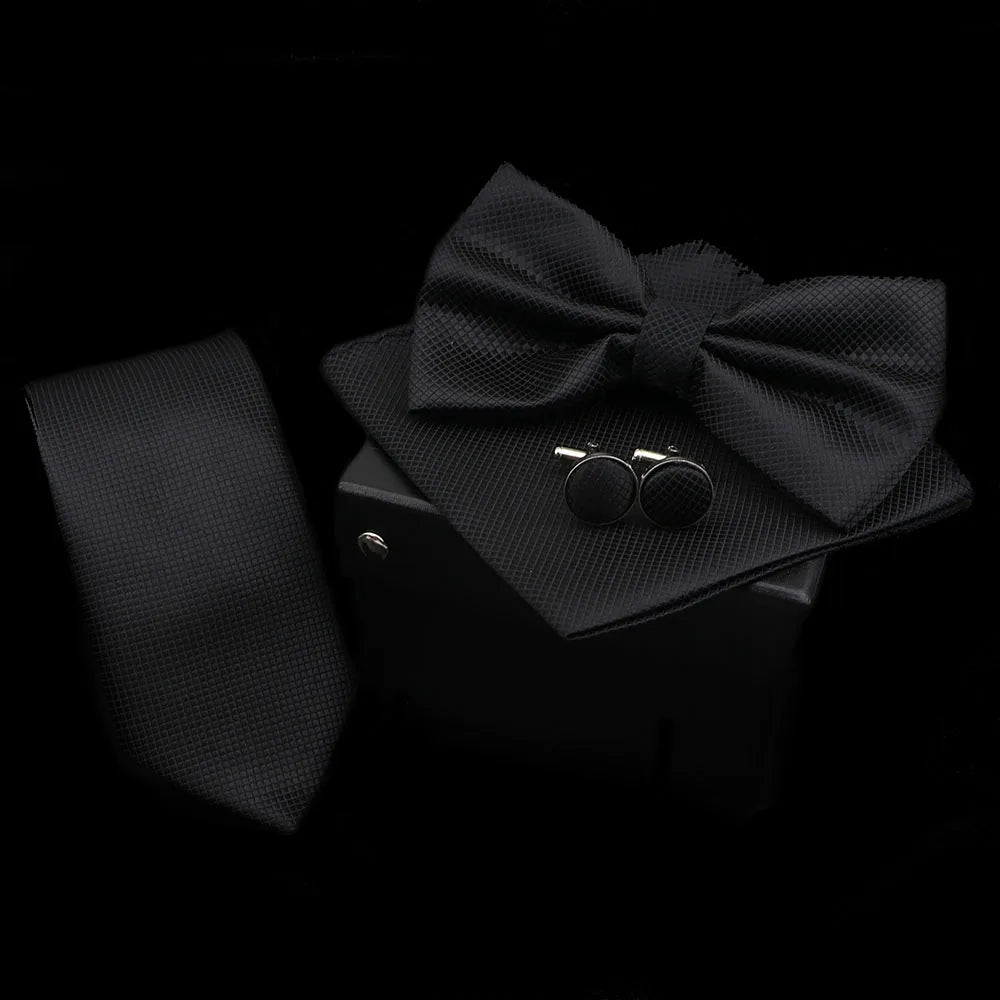 Solid Color Polyester Tie Bowtie Handkerchief Cufflinks Set Men Fashion Butterfly Wedding Necktie Without Box Novelty Ties Gift