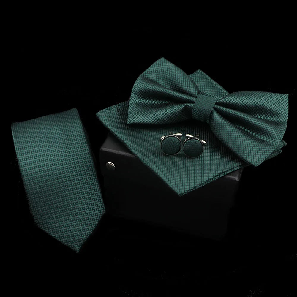 Solid Color Polyester Tie Bowtie Handkerchief Cufflinks Set Men Fashion Butterfly Wedding Necktie Without Box Novelty Ties Gift