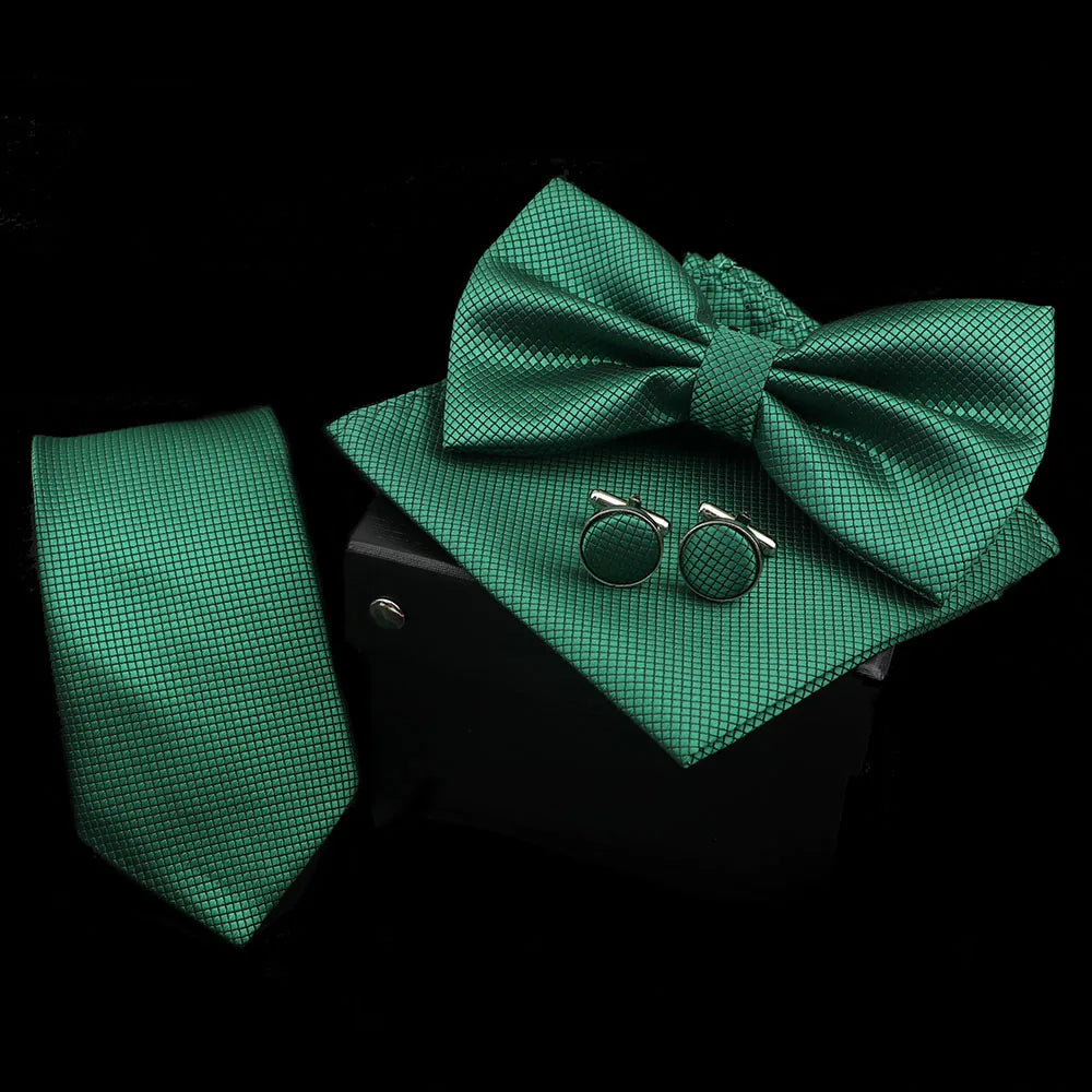 Solid Color Polyester Tie Bowtie Handkerchief Cufflinks Set Men Fashion Butterfly Wedding Necktie Without Box Novelty Ties Gift