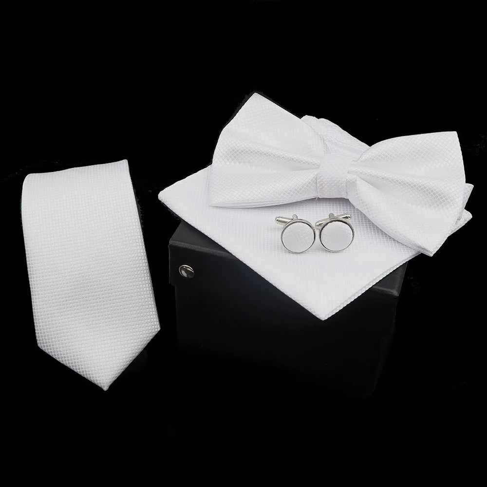 Solid Color Polyester Tie Bowtie Handkerchief Cufflinks Set Men Fashion Butterfly Wedding Necktie Without Box Novelty Ties Gift