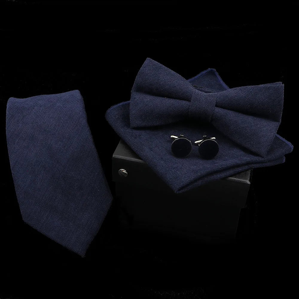 Solid Color Polyester Tie Bowtie Handkerchief Cufflinks Set Men Fashion Butterfly Wedding Necktie Without Box Novelty Ties Gift