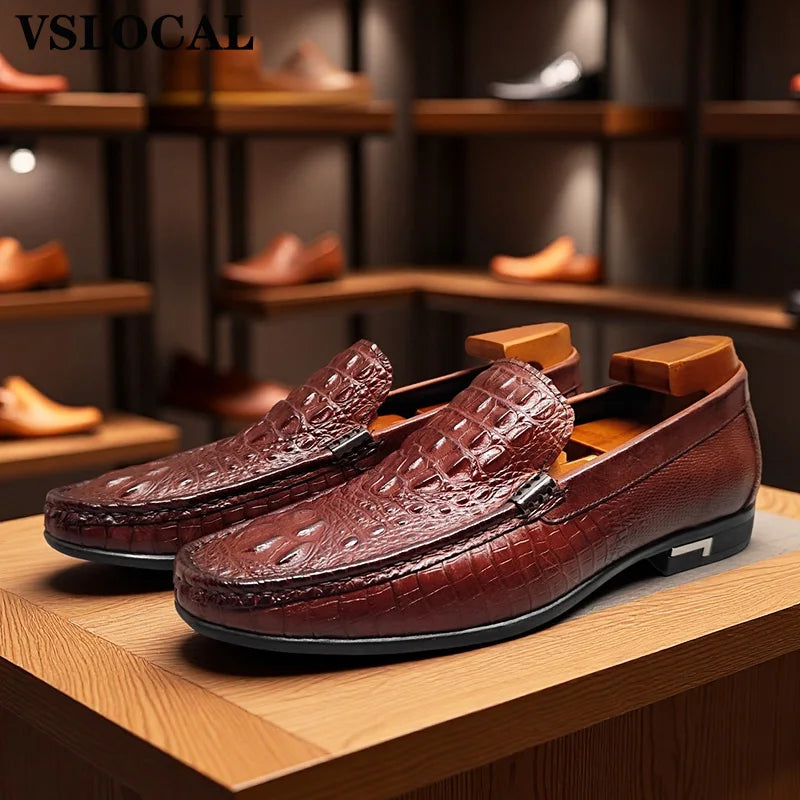 Luxury Genuine Leather Men Shoes Black Brown CROCO Prints Slip on Casual Mens Dress Shoes Wedding Office Loafers For Man