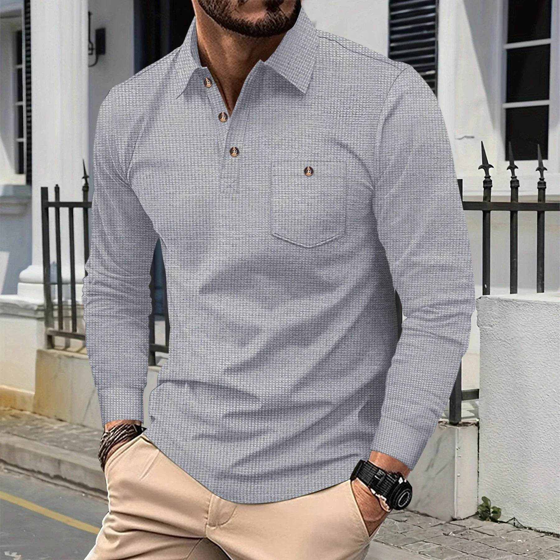 Men's Waffle Knit Long Sleeve Polo Shirt Tracksuit Button Detail Casual Two-Piece Comfortable Daily Wear Sports Outfit