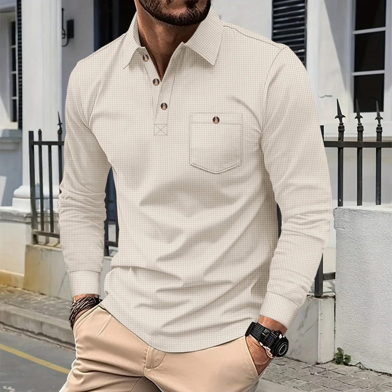 Men's Waffle Knit Long Sleeve Polo Shirt Tracksuit Button Detail Casual Two-Piece Comfortable Daily Wear Sports Outfit