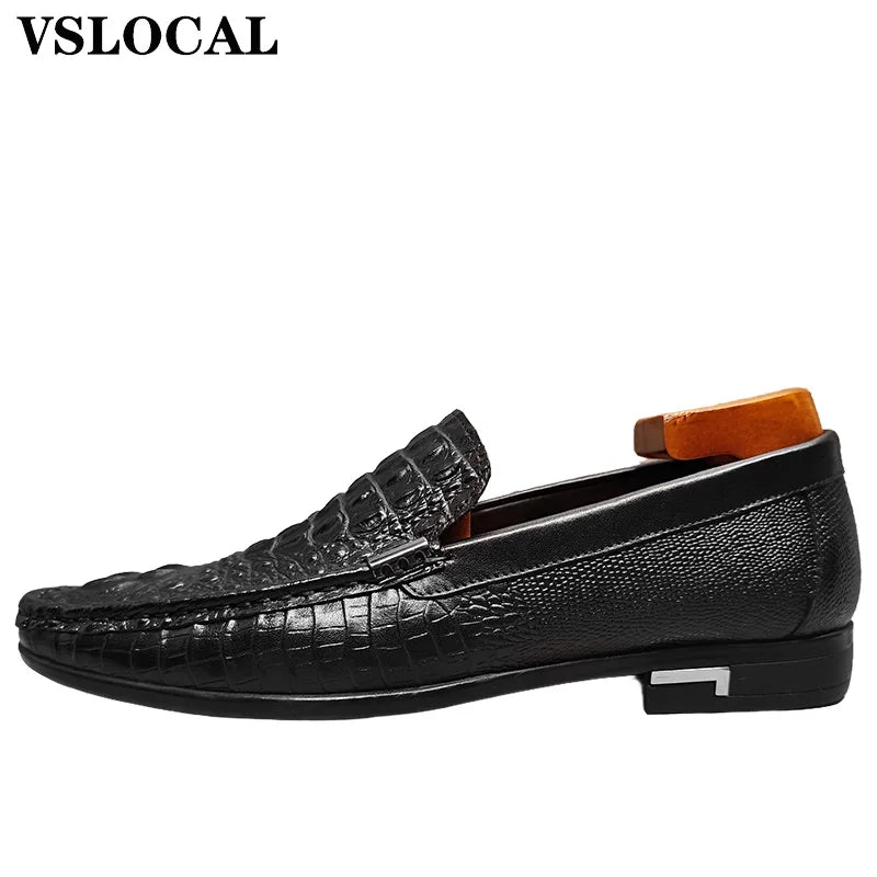 Luxury Genuine Leather Men Shoes Black Brown CROCO Prints Slip on Casual Mens Dress Shoes Wedding Office Loafers For Man