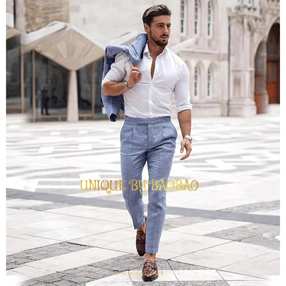 Summer Men's Linen Suit 2 Pieces (Jacket+Pants) Slim Fit Wedding Groomsmen Banquet Dating Cocktail Prom Party Custom Tuxedo