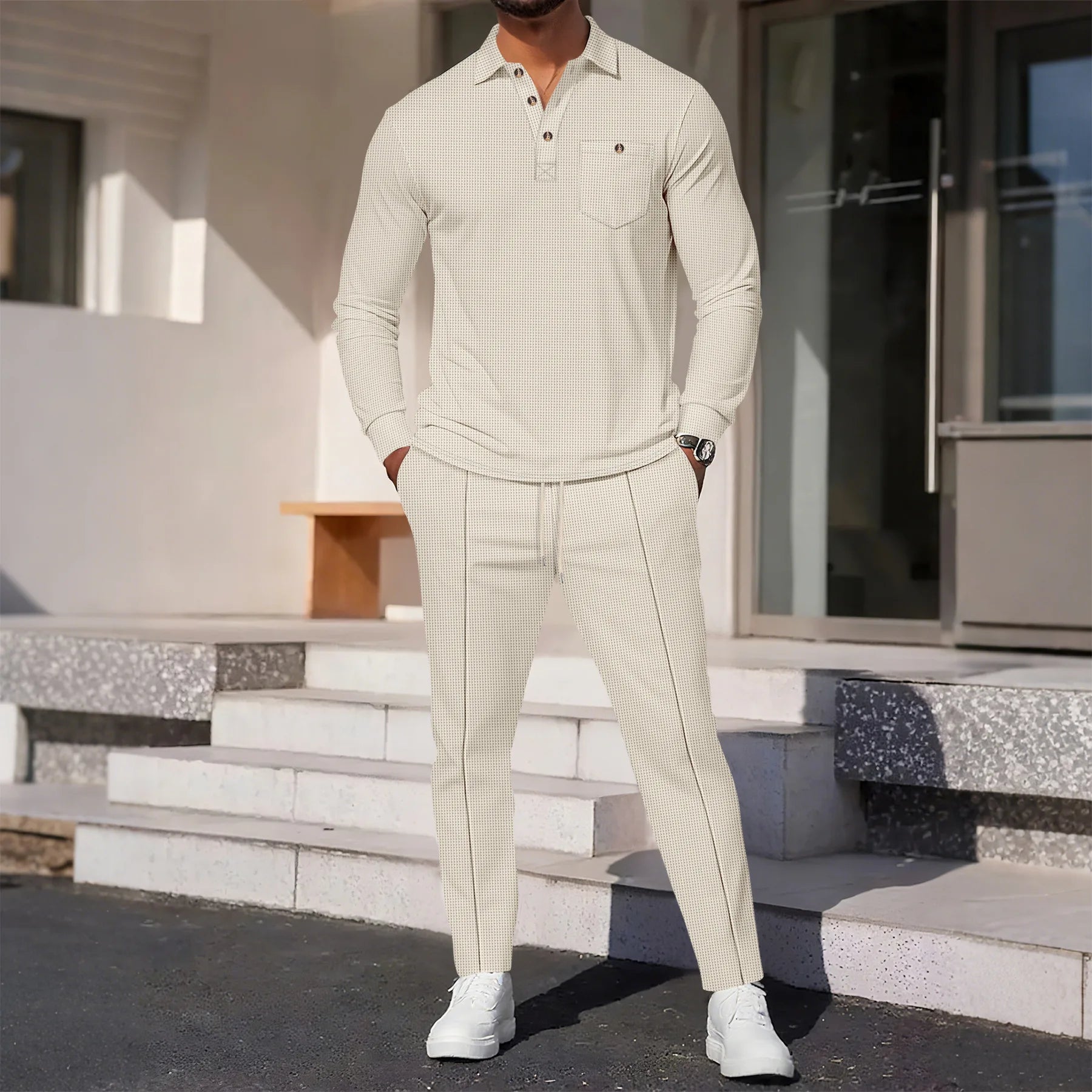 Men's Waffle Knit Long Sleeve Polo Shirt Tracksuit Button Detail Casual Two-Piece Comfortable Daily Wear Sports Outfit