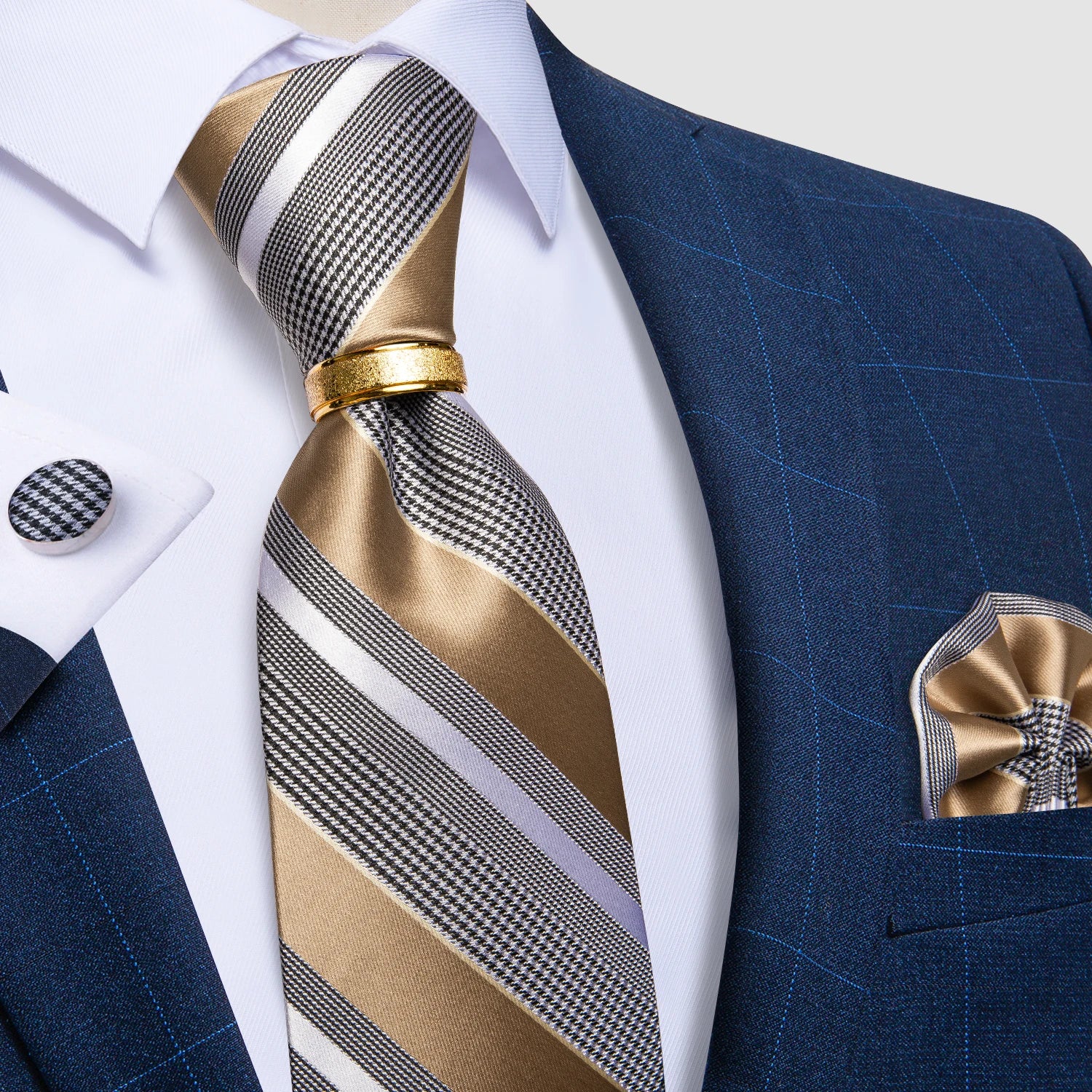 Pink blue Striped Men's Ties Business Wedding Neck Tie Pocket Square Cufflinks Tie Ring Men's Gift Gravata DiBanGu