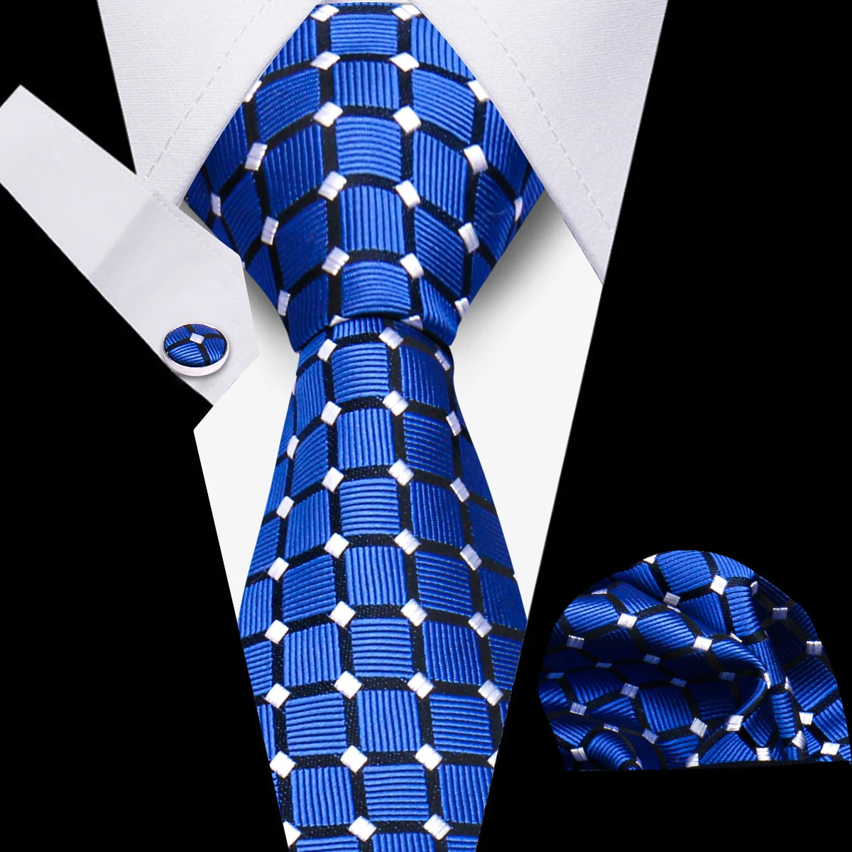 Tie Man Luxury Business Neck Tie For Mens Cufflinks Pocket Square Set 7.5cm Necktie For Wedding Party Shirts Sets White Cravats