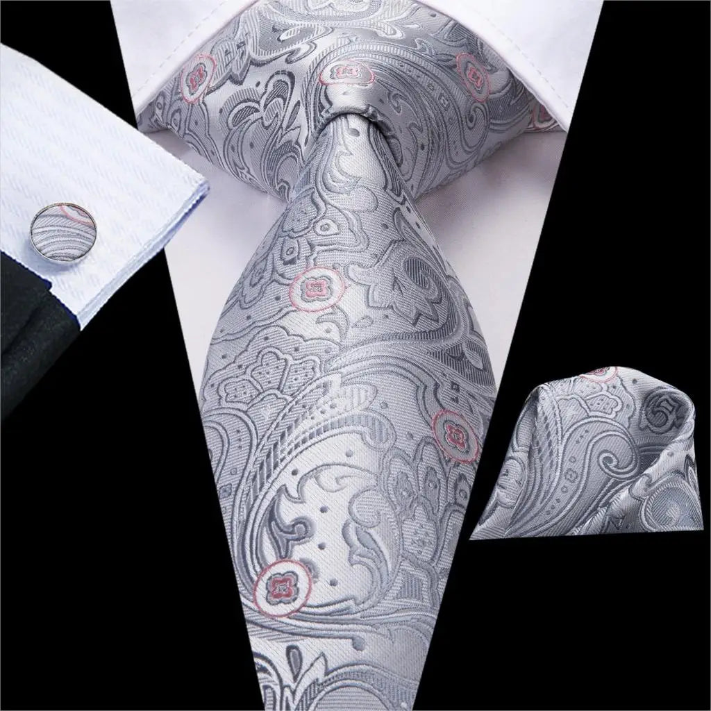 Hi-Tie Luxury Silver Novelty Men Tie Gravata Silk Wedding Necktie For Men Hanky Cufflink Set Fashion Design BusinessDropshipping