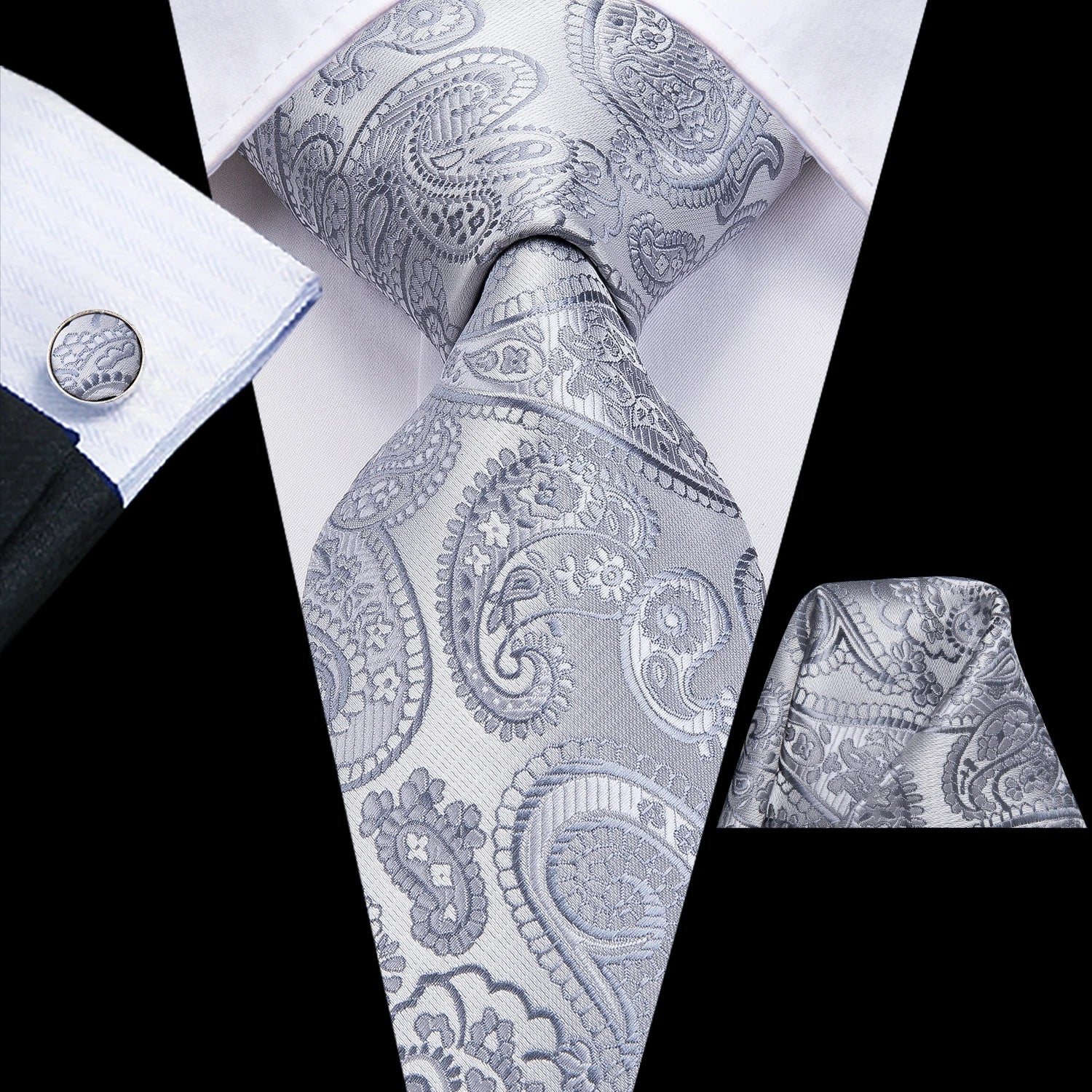 Hi-Tie Luxury Silver Novelty Men Tie Gravata Silk Wedding Necktie For Men Hanky Cufflink Set Fashion Design BusinessDropshipping