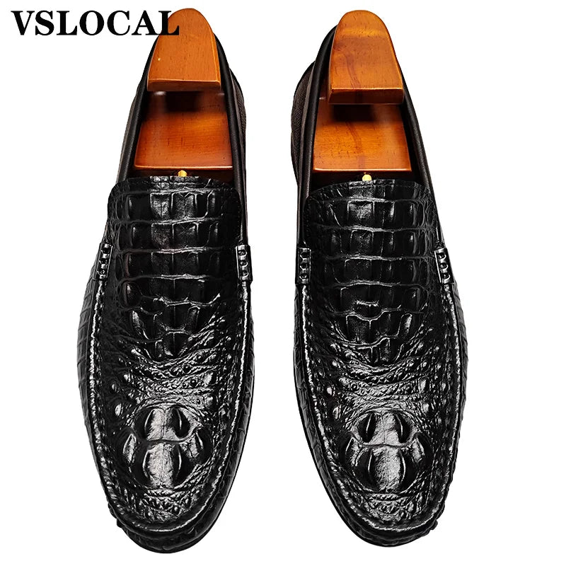 Luxury Genuine Leather Men Shoes Black Brown CROCO Prints Slip on Casual Mens Dress Shoes Wedding Office Loafers For Man