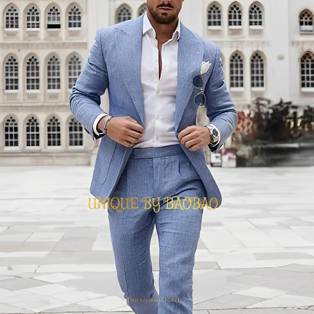 Summer Men's Linen Suit 2 Pieces (Jacket+Pants) Slim Fit Wedding Groomsmen Banquet Dating Cocktail Prom Party Custom Tuxedo