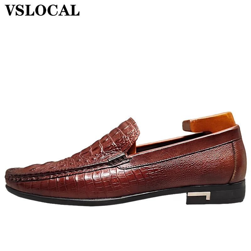 Luxury Genuine Leather Men Shoes Black Brown CROCO Prints Slip on Casual Mens Dress Shoes Wedding Office Loafers For Man