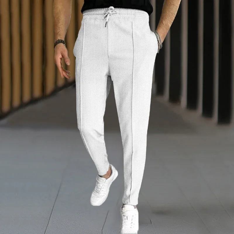 Men's Waffle Knit Long Sleeve Polo Shirt Tracksuit Button Detail Casual Two-Piece Comfortable Daily Wear Sports Outfit
