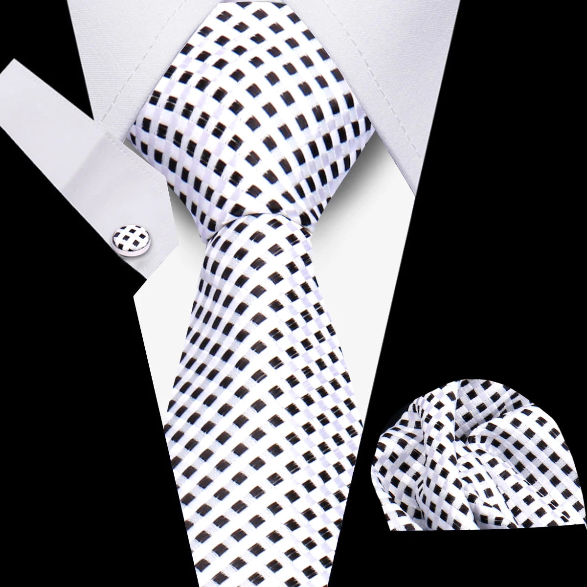 Tie Man Luxury Business Neck Tie For Mens Cufflinks Pocket Square Set 7.5cm Necktie For Wedding Party Shirts Sets White Cravats