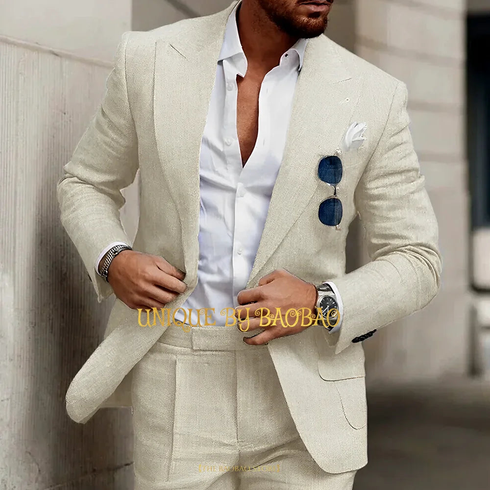 Summer Men's Linen Suit 2 Pieces (Jacket+Pants) Slim Fit Wedding Groomsmen Banquet Dating Cocktail Prom Party Custom Tuxedo