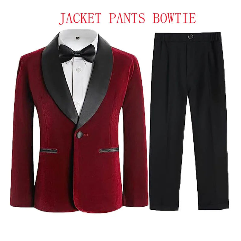 Boys Velvet Blazer Jacket Pants Bowtie 3PCS Photograph Suit Kids 1Year Birthday Dress Children Wedding Performance Evening Set