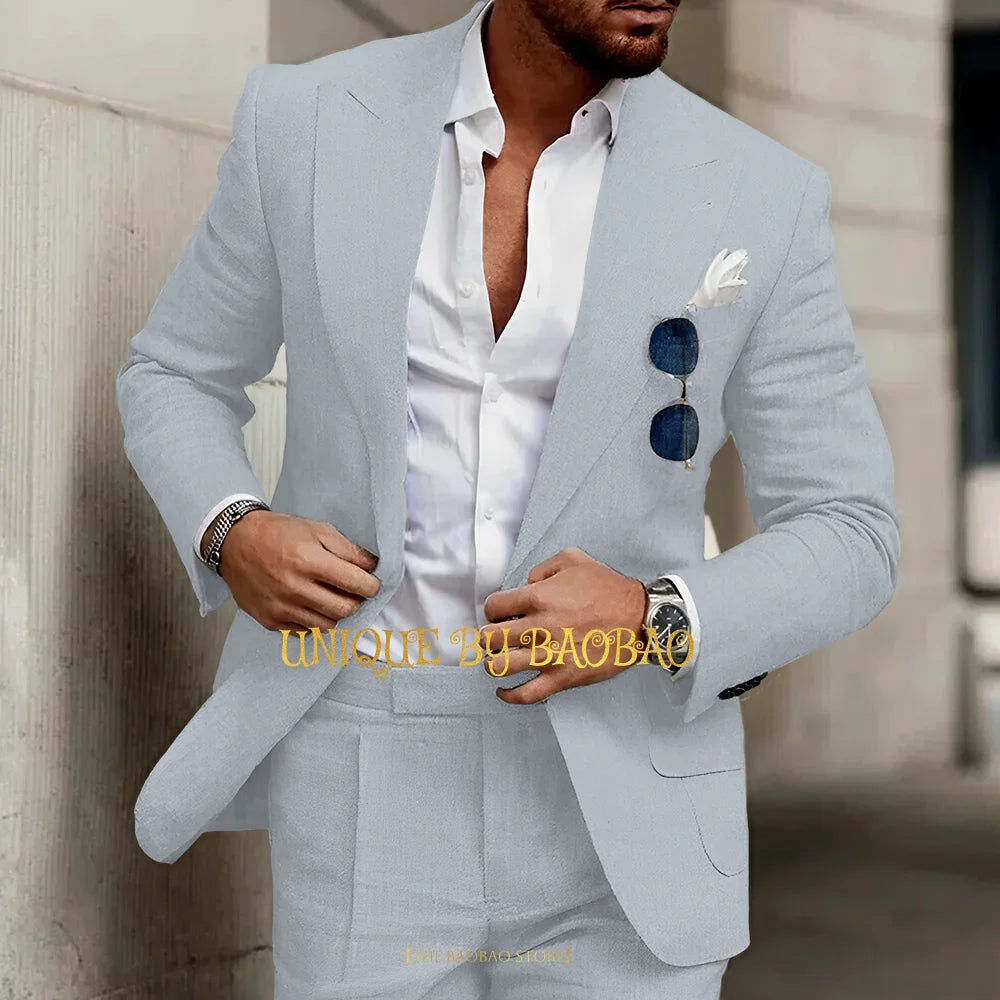Summer Men's Linen Suit 2 Pieces (Jacket+Pants) Slim Fit Wedding Groomsmen Banquet Dating Cocktail Prom Party Custom Tuxedo