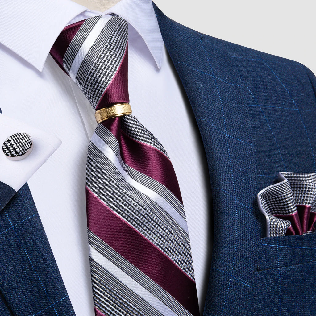 Pink blue Striped Men's Ties Business Wedding Neck Tie Pocket Square Cufflinks Tie Ring Men's Gift Gravata DiBanGu