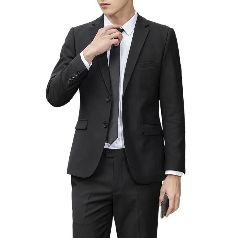 Men's High-Quality Professional Business Suit Solid Color Casual Two-Piece Set Fashion Wedding Handsome Trousers Included
