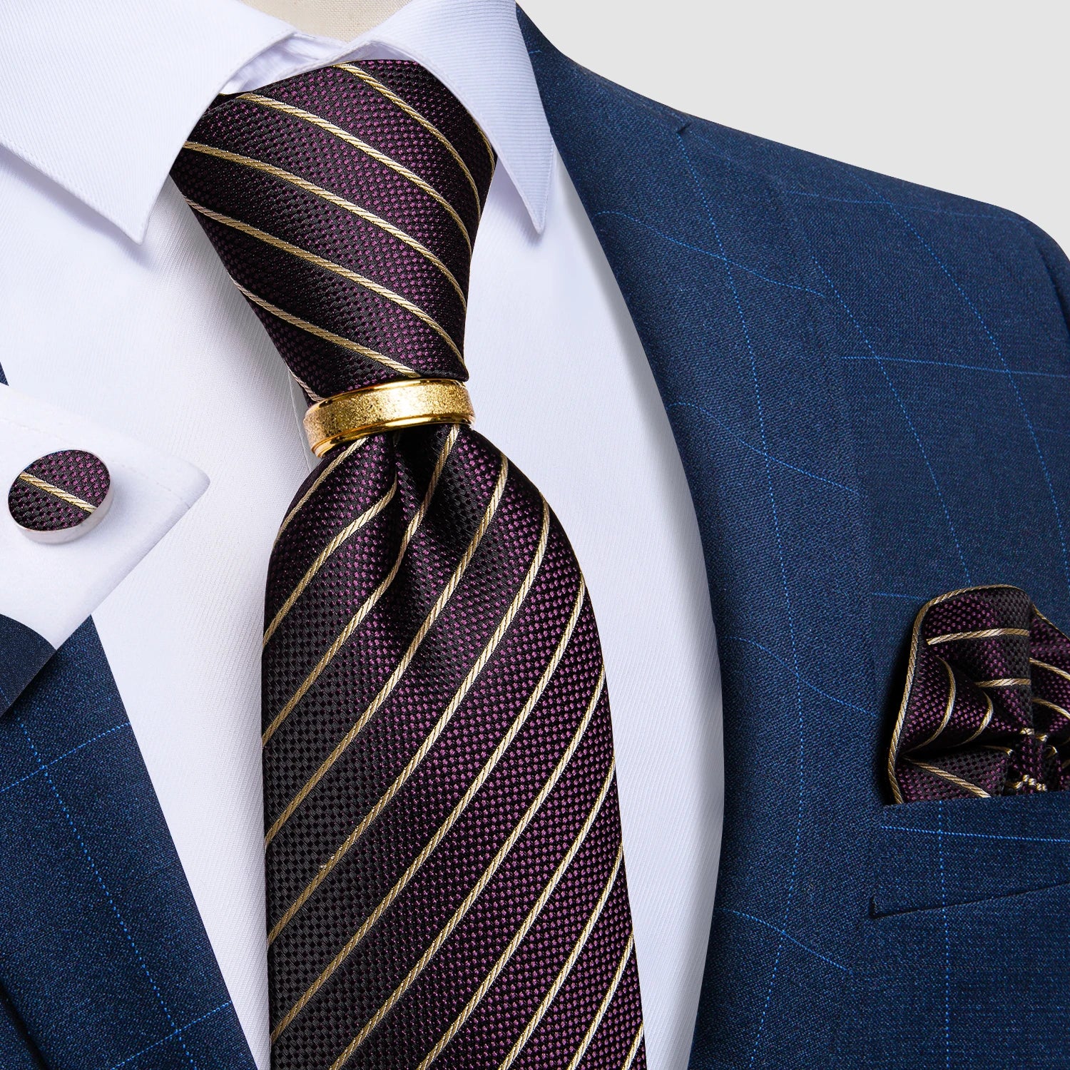 Pink blue Striped Men's Ties Business Wedding Neck Tie Pocket Square Cufflinks Tie Ring Men's Gift Gravata DiBanGu