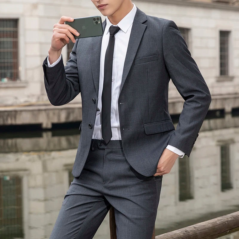 Men's High-Quality Professional Business Suit Solid Color Casual Two-Piece Set Fashion Wedding Handsome Trousers Included