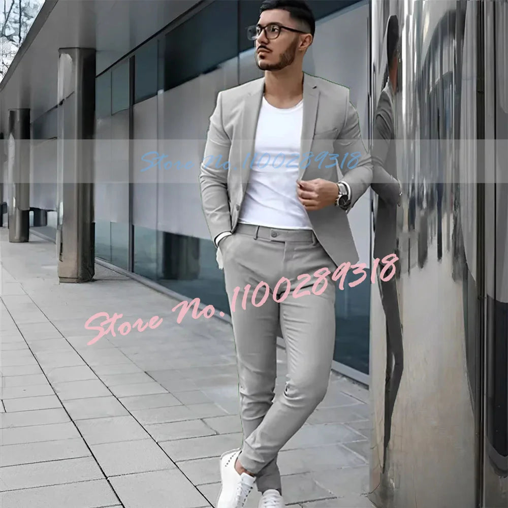 Gray Men's Suit 2 Piece Suit Summer Casual Jacket Pants Formal Wedding Tuxedo Groom Clothes Custom Color Blazer XS-5XL