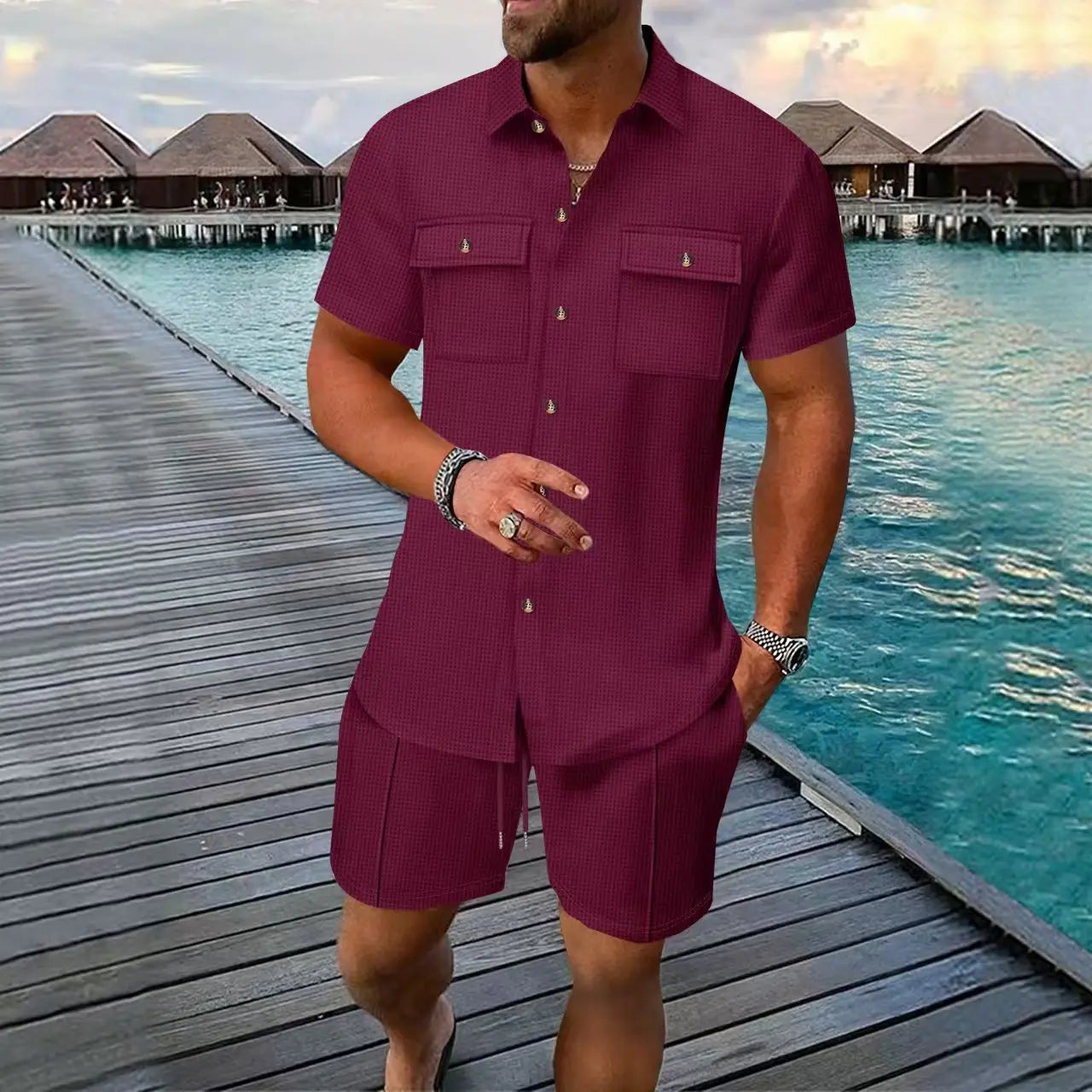 Summer Men's Solid-Color Casual Waffle Shirt with Pocket Short Sleeve And Shorts 2-Piece Set European American Style