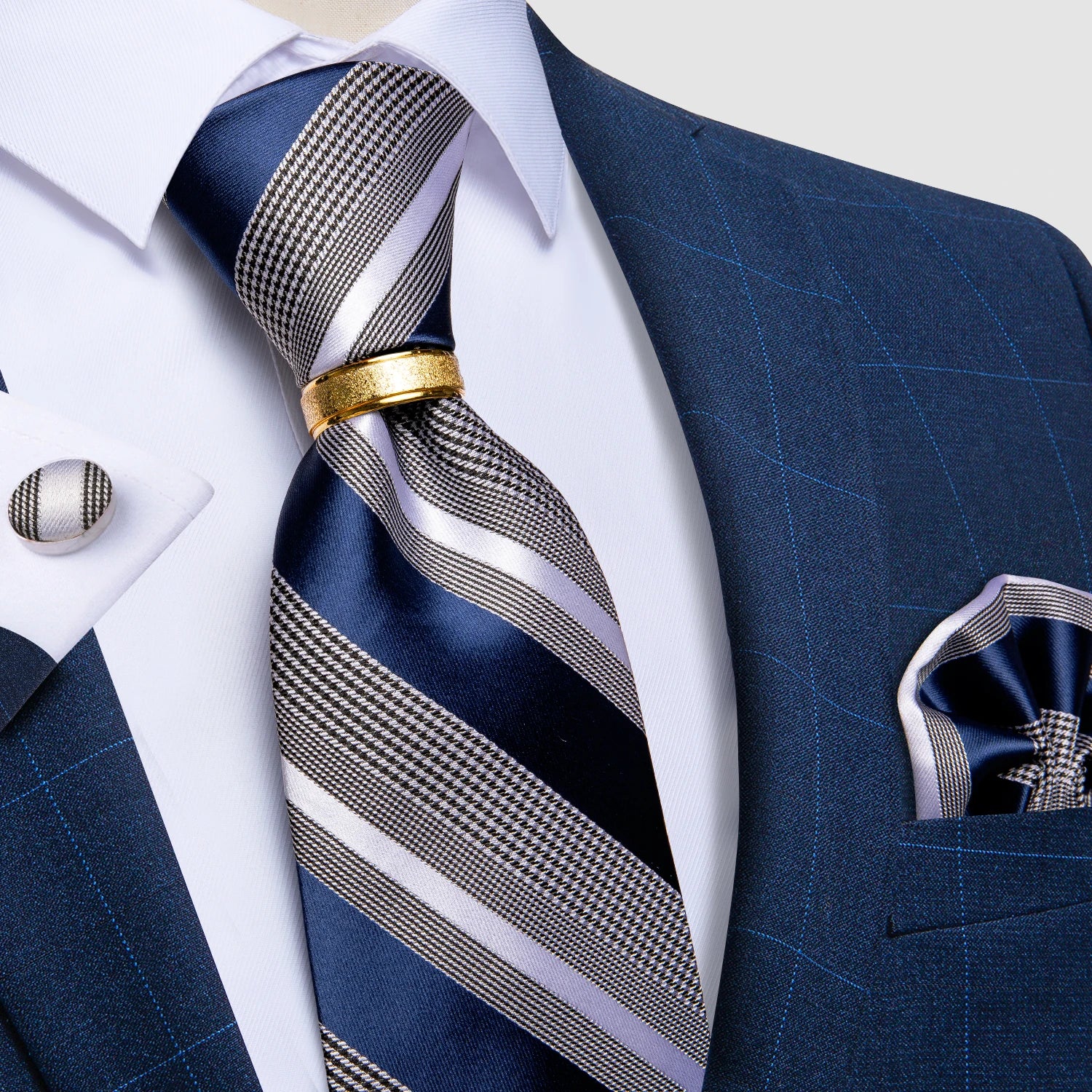 Pink blue Striped Men's Ties Business Wedding Neck Tie Pocket Square Cufflinks Tie Ring Men's Gift Gravata DiBanGu