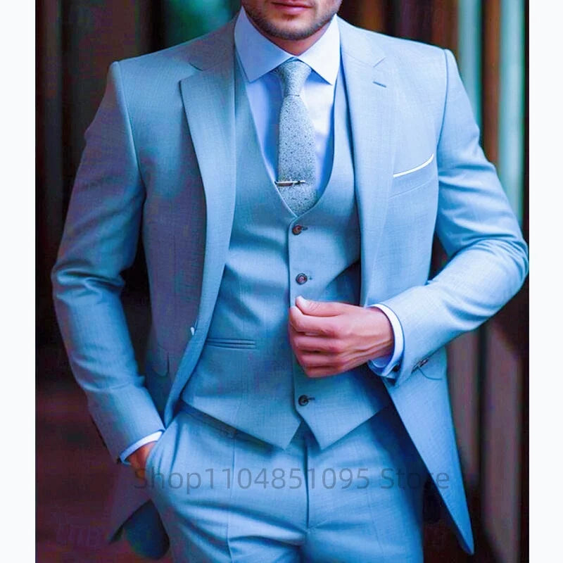 High Quality Beige Men Suits Notc Lapel Slim Fit Men Clothing Elegant Wedding 3 Piece Jacket Vest Pants Sets for Business Party