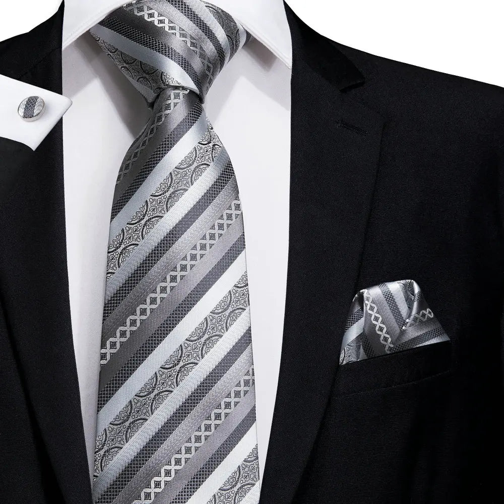 Hi-Tie Luxury Silver Novelty Men Tie Gravata Silk Wedding Necktie For Men Hanky Cufflink Set Fashion Design BusinessDropshipping