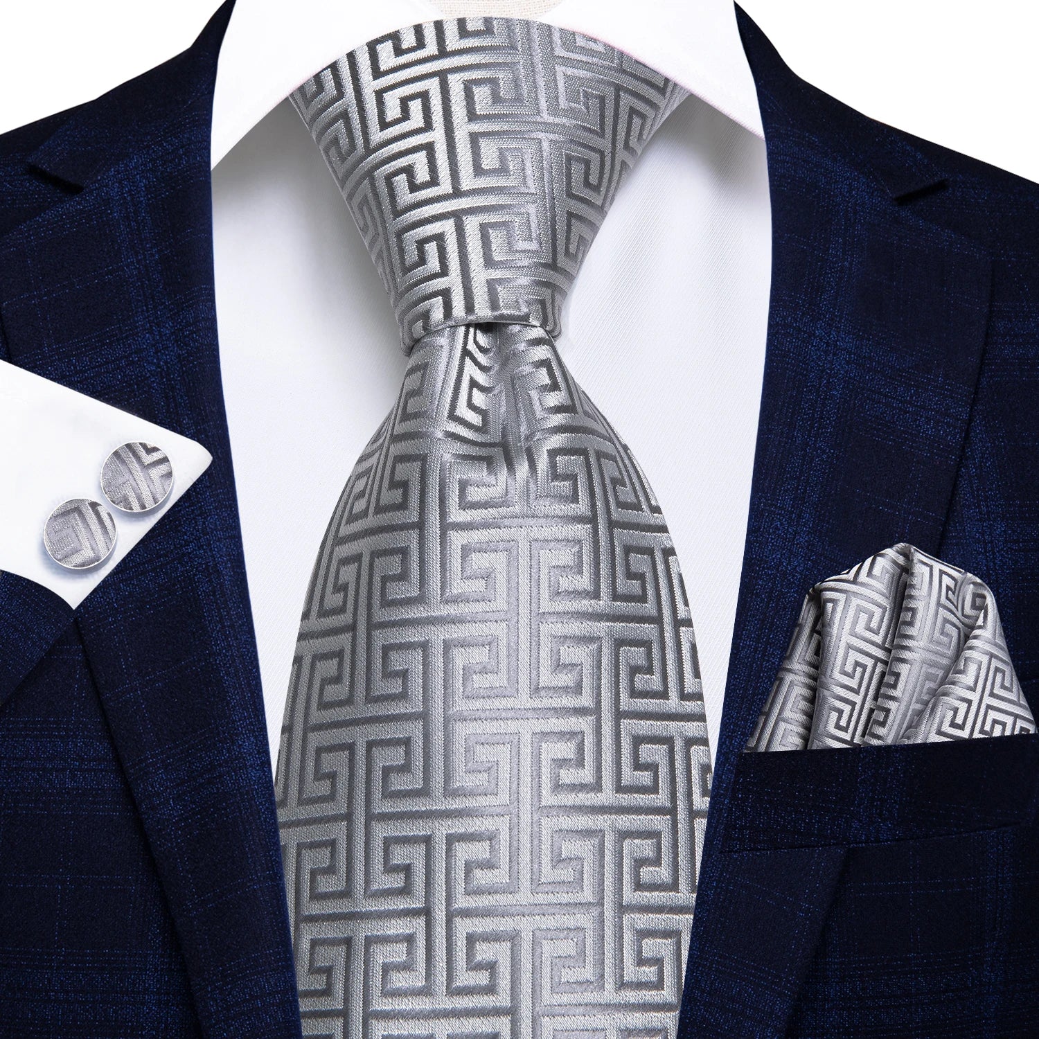 Hi-Tie Luxury Silver Novelty Men Tie Gravata Silk Wedding Necktie For Men Hanky Cufflink Set Fashion Design BusinessDropshipping