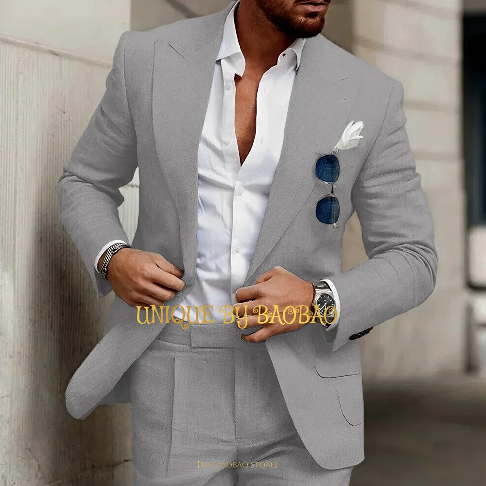Summer Men's Linen Suit 2 Pieces (Jacket+Pants) Slim Fit Wedding Groomsmen Banquet Dating Cocktail Prom Party Custom Tuxedo