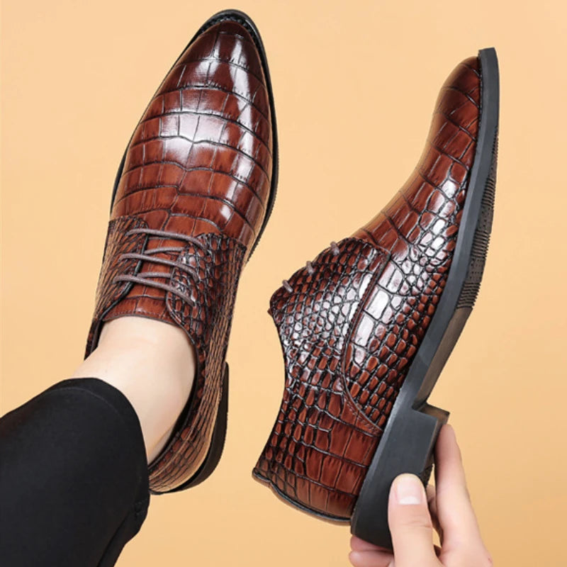 Crocodile Skin Luxury Brand Men's Leather Shoes Lace Pointy Derby Oxford Print Casual Men's Dress Shoes Wedding Party Shoes