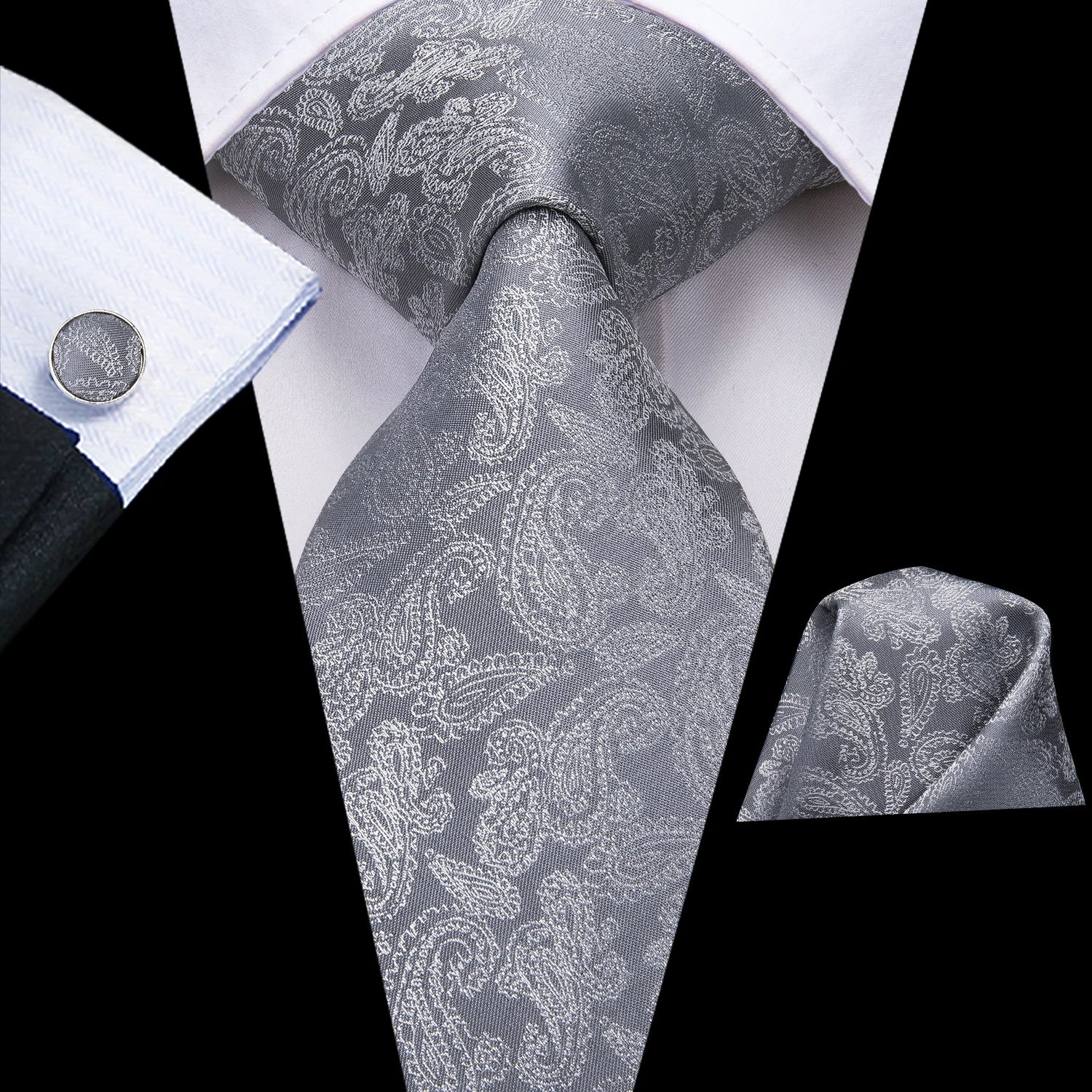 Hi-Tie Luxury Silver Novelty Men Tie Gravata Silk Wedding Necktie For Men Hanky Cufflink Set Fashion Design BusinessDropshipping