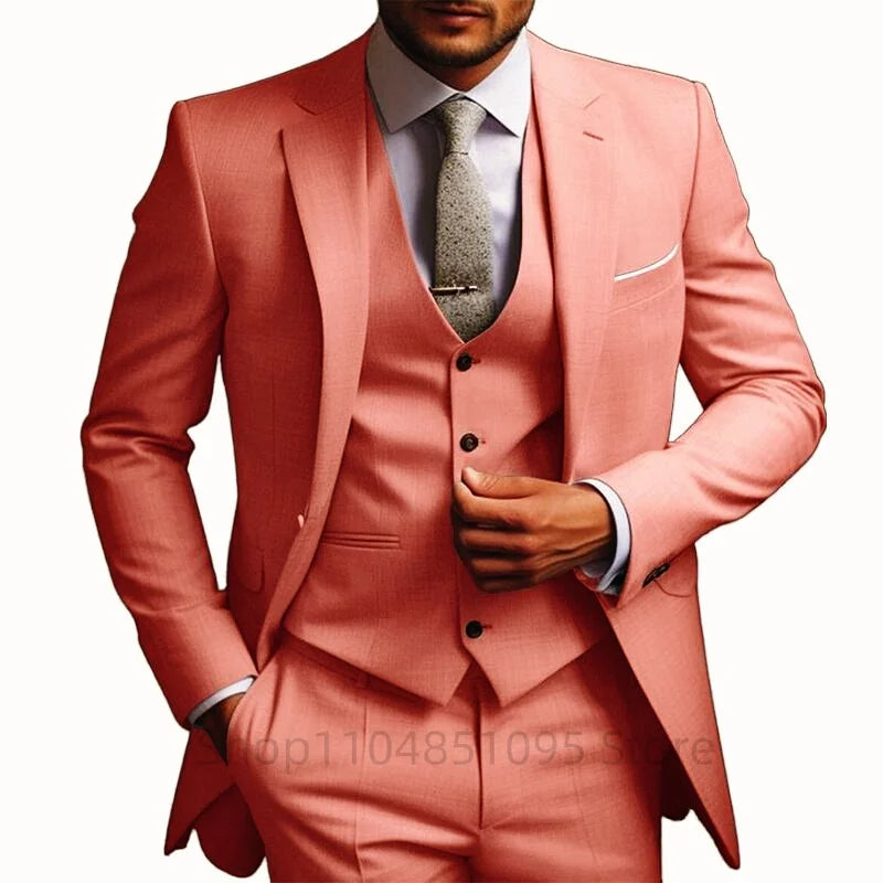 High Quality Beige Men Suits Notc Lapel Slim Fit Men Clothing Elegant Wedding 3 Piece Jacket Vest Pants Sets for Business Party