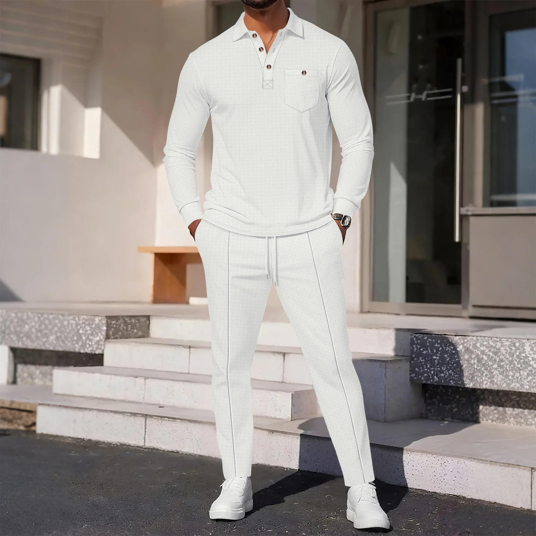 Men's Waffle Knit Long Sleeve Polo Shirt Tracksuit Button Detail Casual Two-Piece Comfortable Daily Wear Sports Outfit