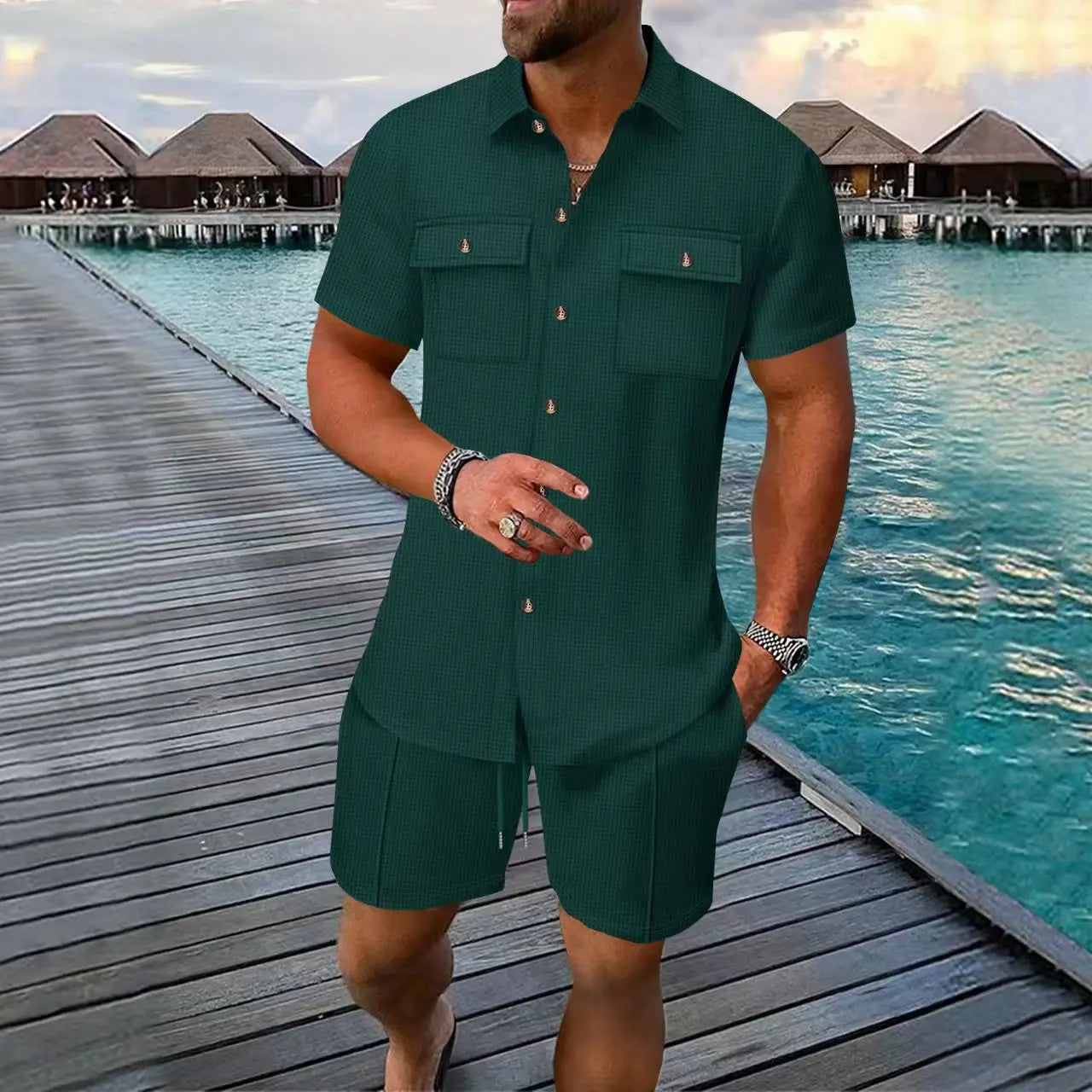 Summer Men's Solid-Color Casual Waffle Shirt with Pocket Short Sleeve And Shorts 2-Piece Set European American Style