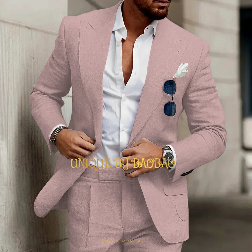 Summer Men's Linen Suit 2 Pieces (Jacket+Pants) Slim Fit Wedding Groomsmen Banquet Dating Cocktail Prom Party Custom Tuxedo