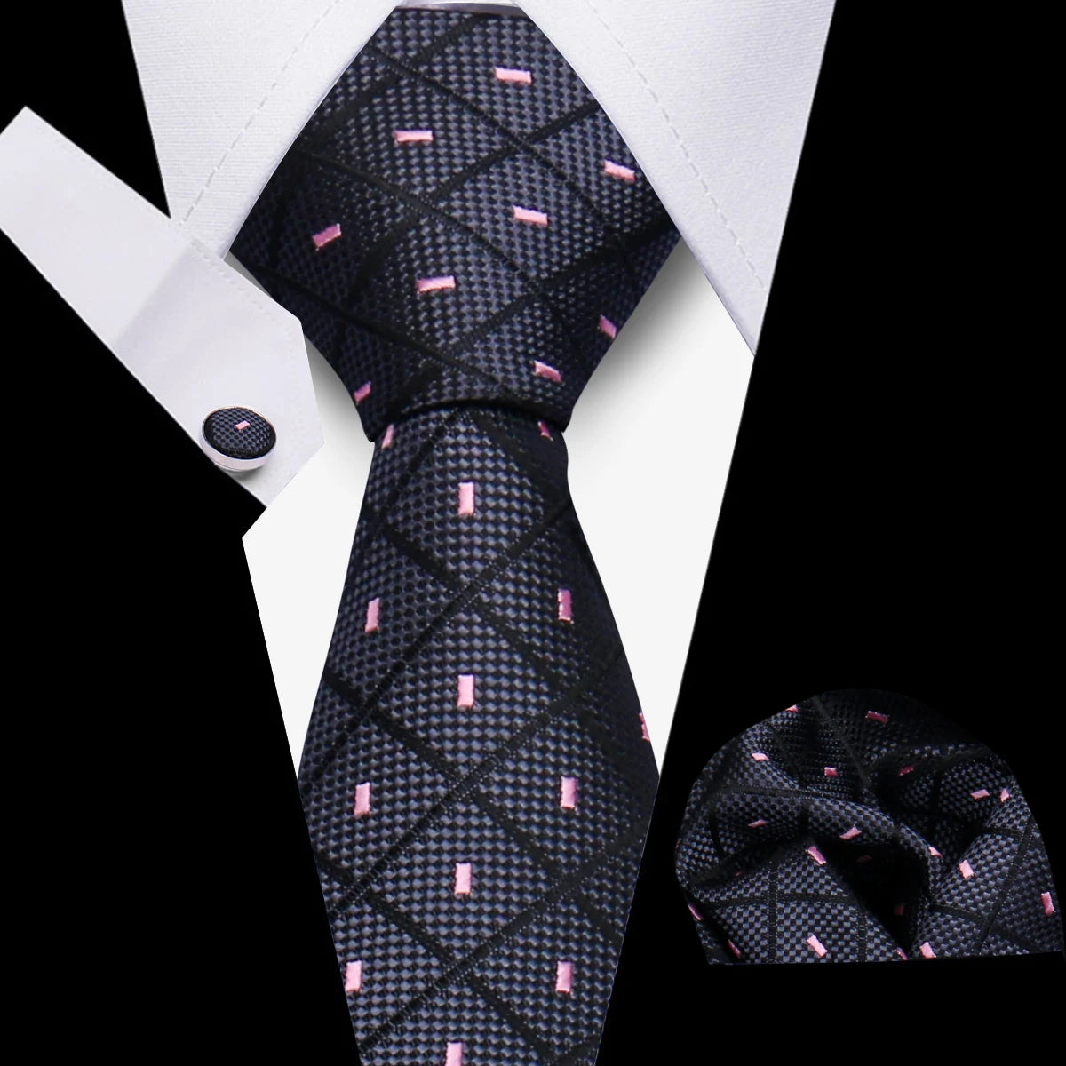 Tie Man Luxury Business Neck Tie For Mens Cufflinks Pocket Square Set 7.5cm Necktie For Wedding Party Shirts Sets White Cravats