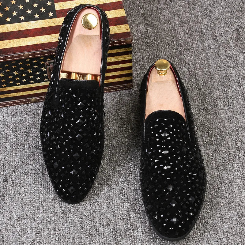 Black Luxury Men Dress Shoes Designer Spikes Loafers Shoes Denim Metal Sequins Footwear High Quality Casual Men Leather Shoes