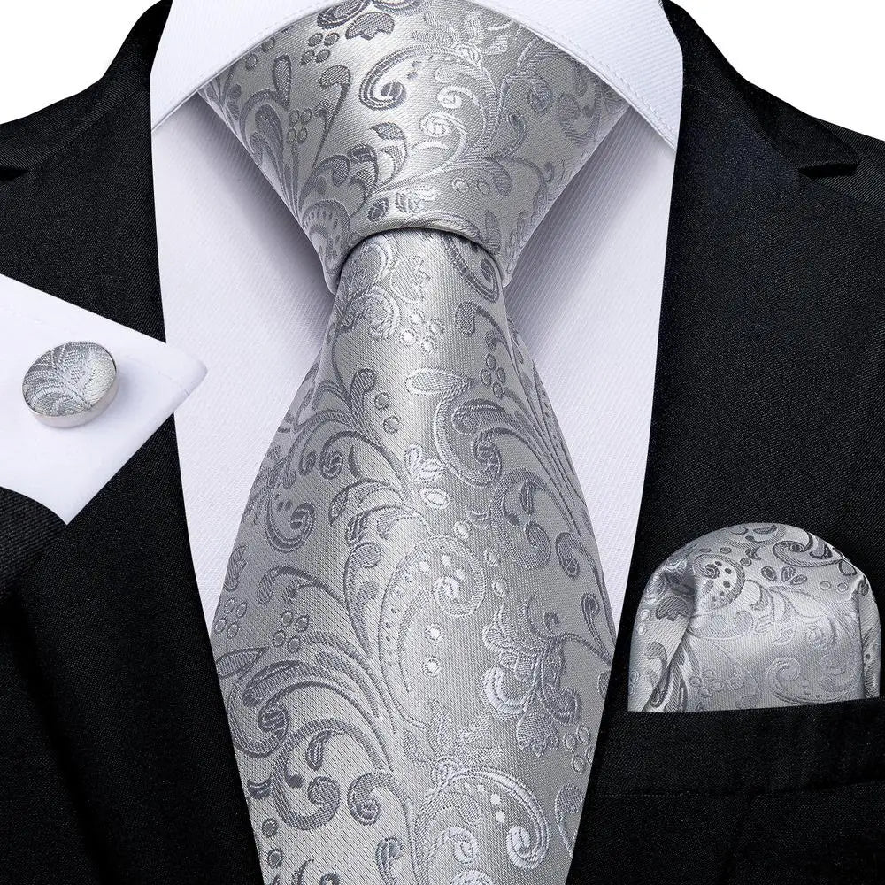 Hi-Tie Luxury Silver Novelty Men Tie Gravata Silk Wedding Necktie For Men Hanky Cufflink Set Fashion Design BusinessDropshipping