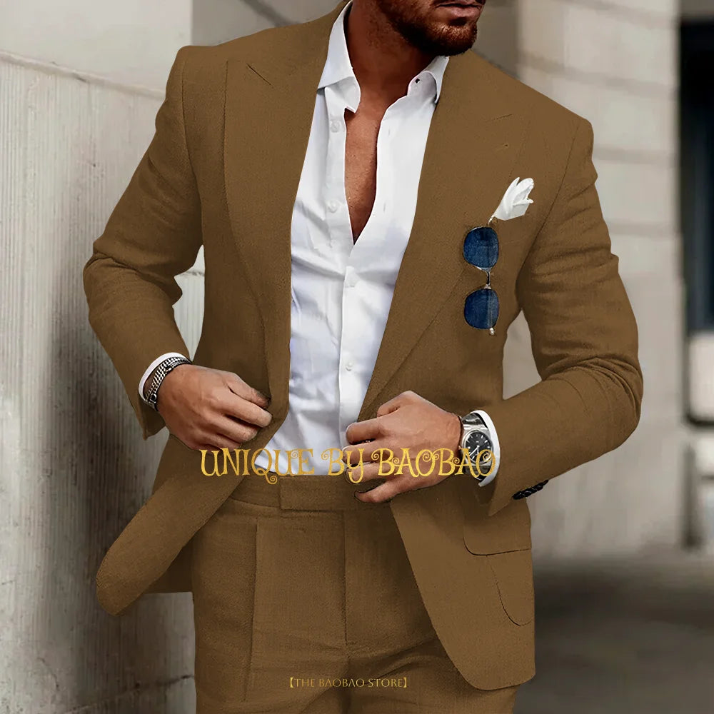 Summer Men's Linen Suit 2 Pieces (Jacket+Pants) Slim Fit Wedding Groomsmen Banquet Dating Cocktail Prom Party Custom Tuxedo