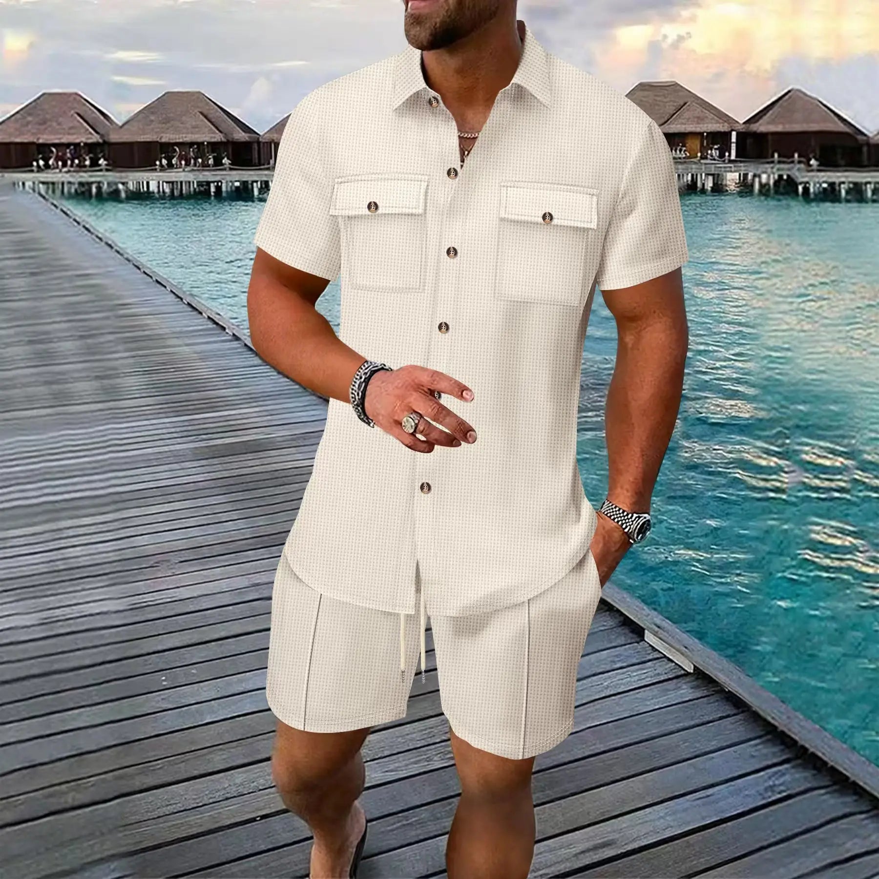 Summer Men's Solid-Color Casual Waffle Shirt with Pocket Short Sleeve And Shorts 2-Piece Set European American Style