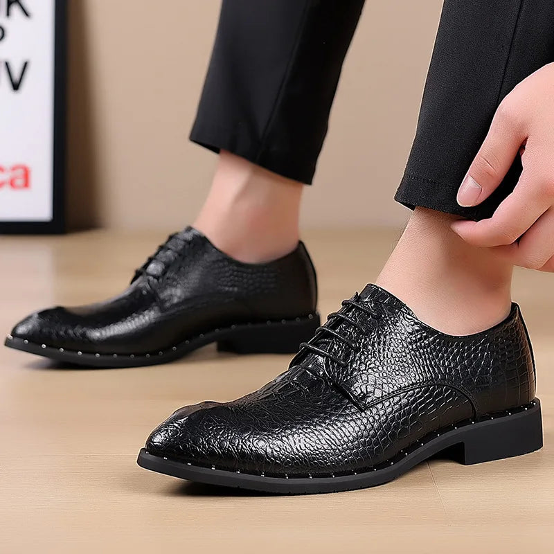 Genuine Leather Men Shoes Luxury Crocodile skin Men's Dress Shoes Lace-Up Wedding Party Shoe Business Office Men Oxfords Shoes